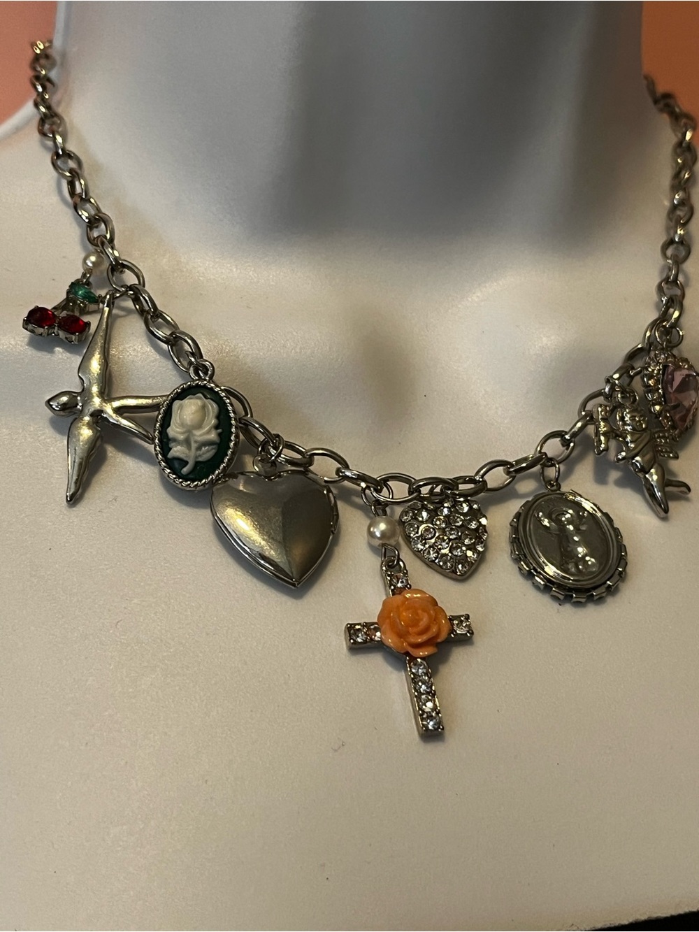 Silver Multi-Charm Necklace with Locket and  Rose Cross Pendant